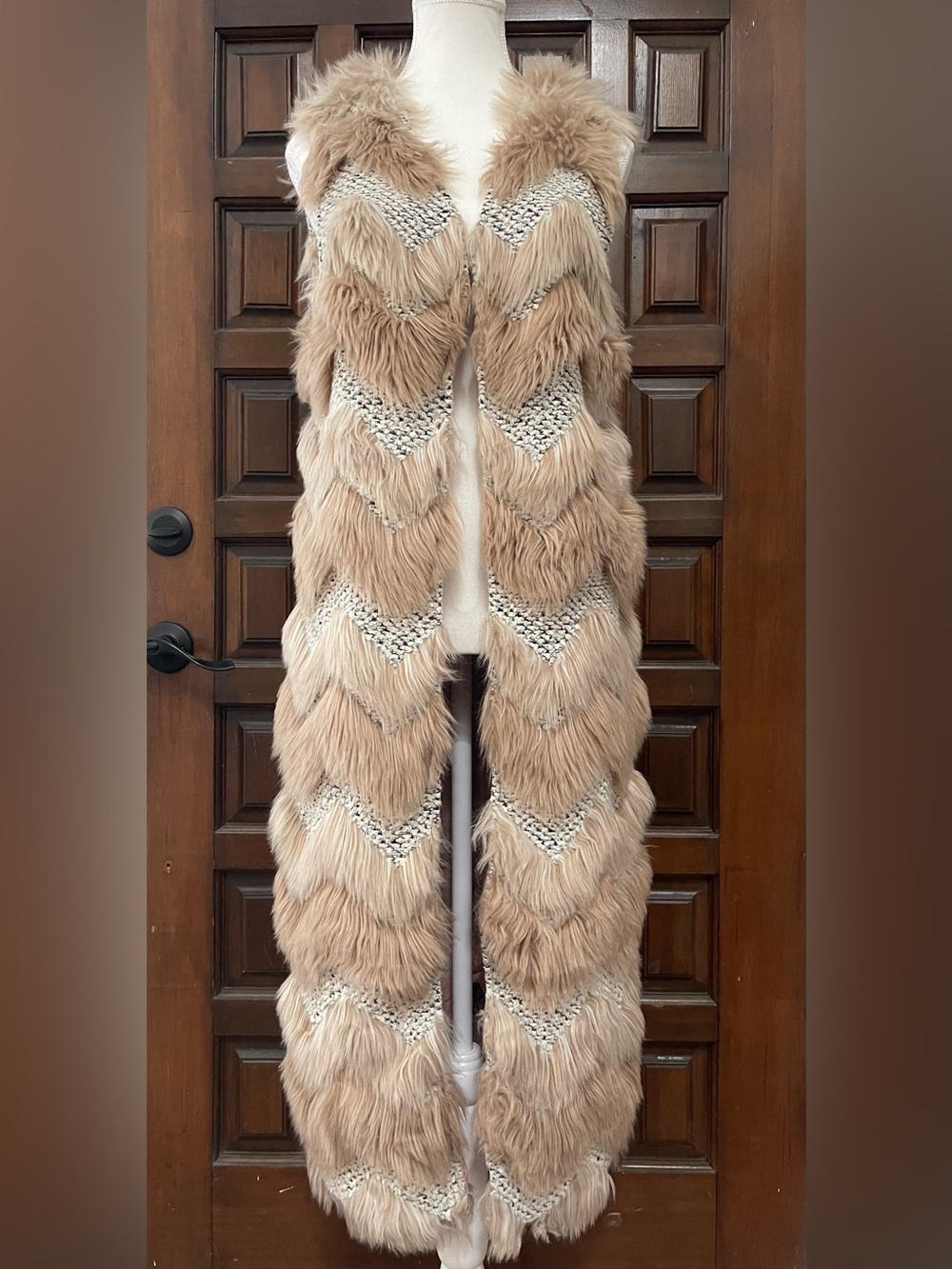 Free People Hei Hei Long Faux Fur Vest in Beige Cream and Blush Festival